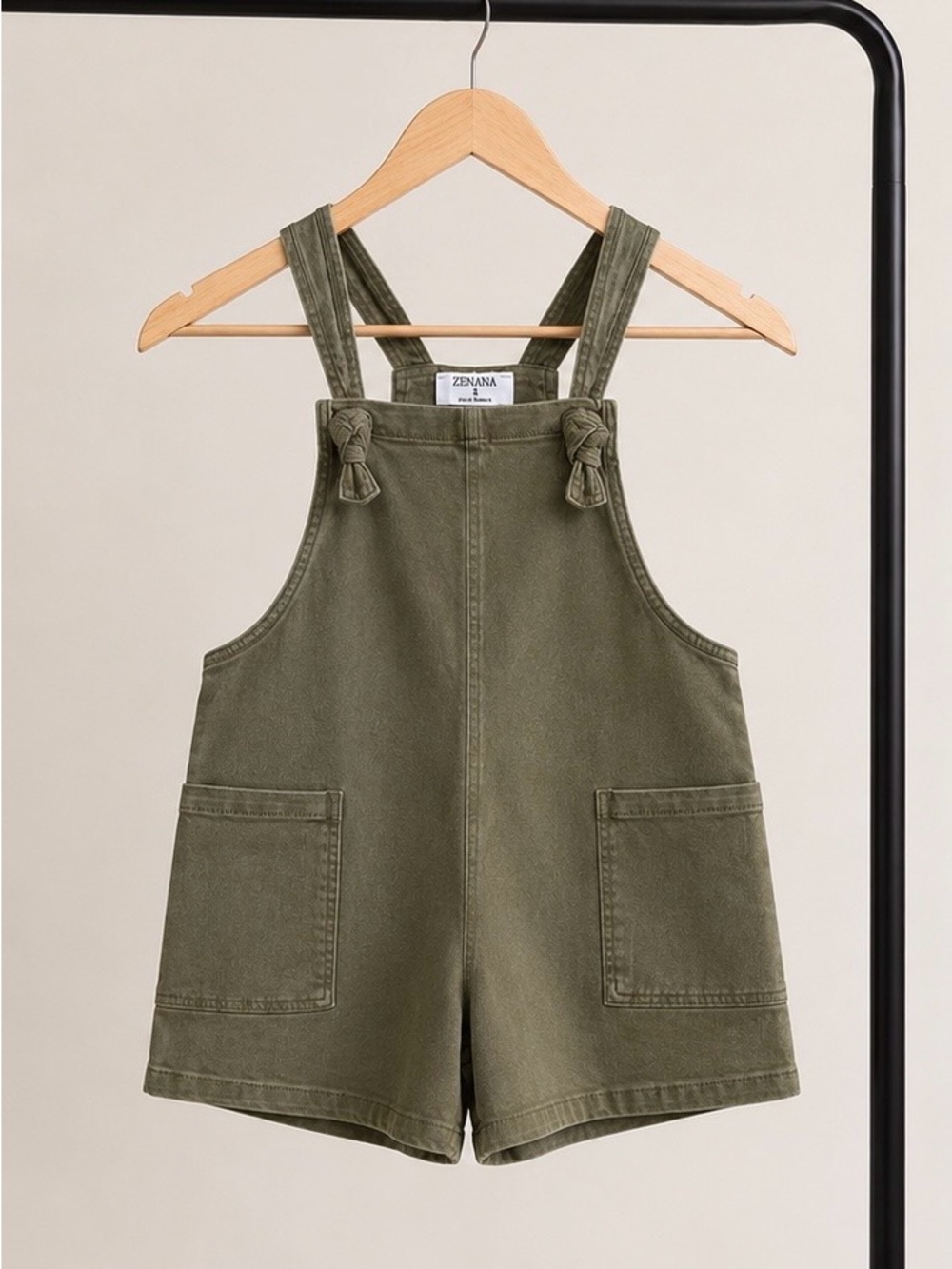 Zenana Outfitters Olive Green Kids Knotted Strap Short Overalls